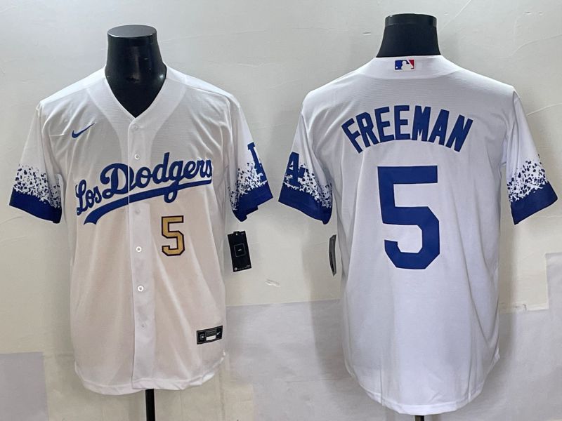 Men Los Angeles Dodgers 5 Freeman White blue City Edition Nike MLB Jersey style 4